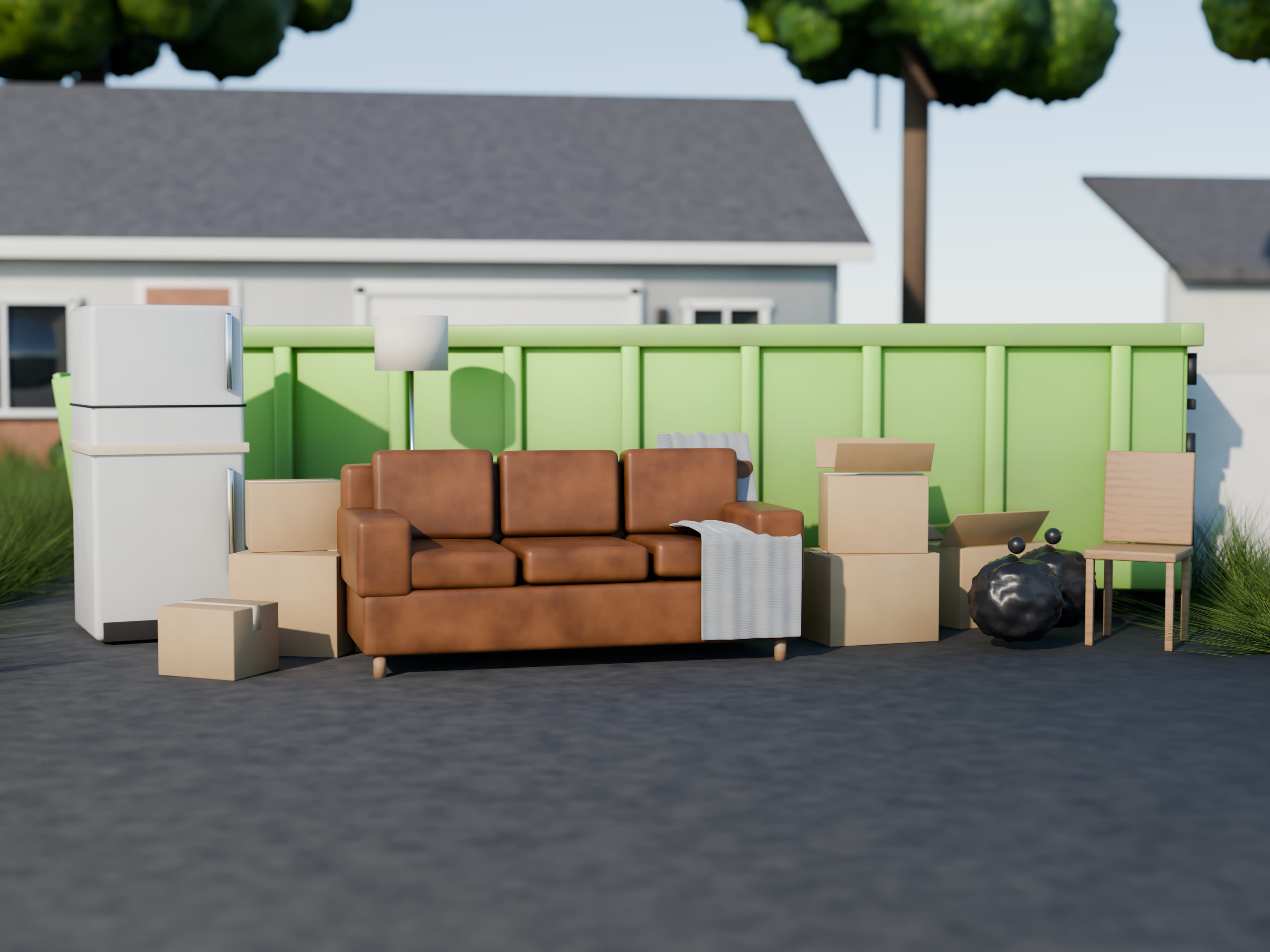 Concept illustration: furniture and boxes to remove in front of a house, next to a container.