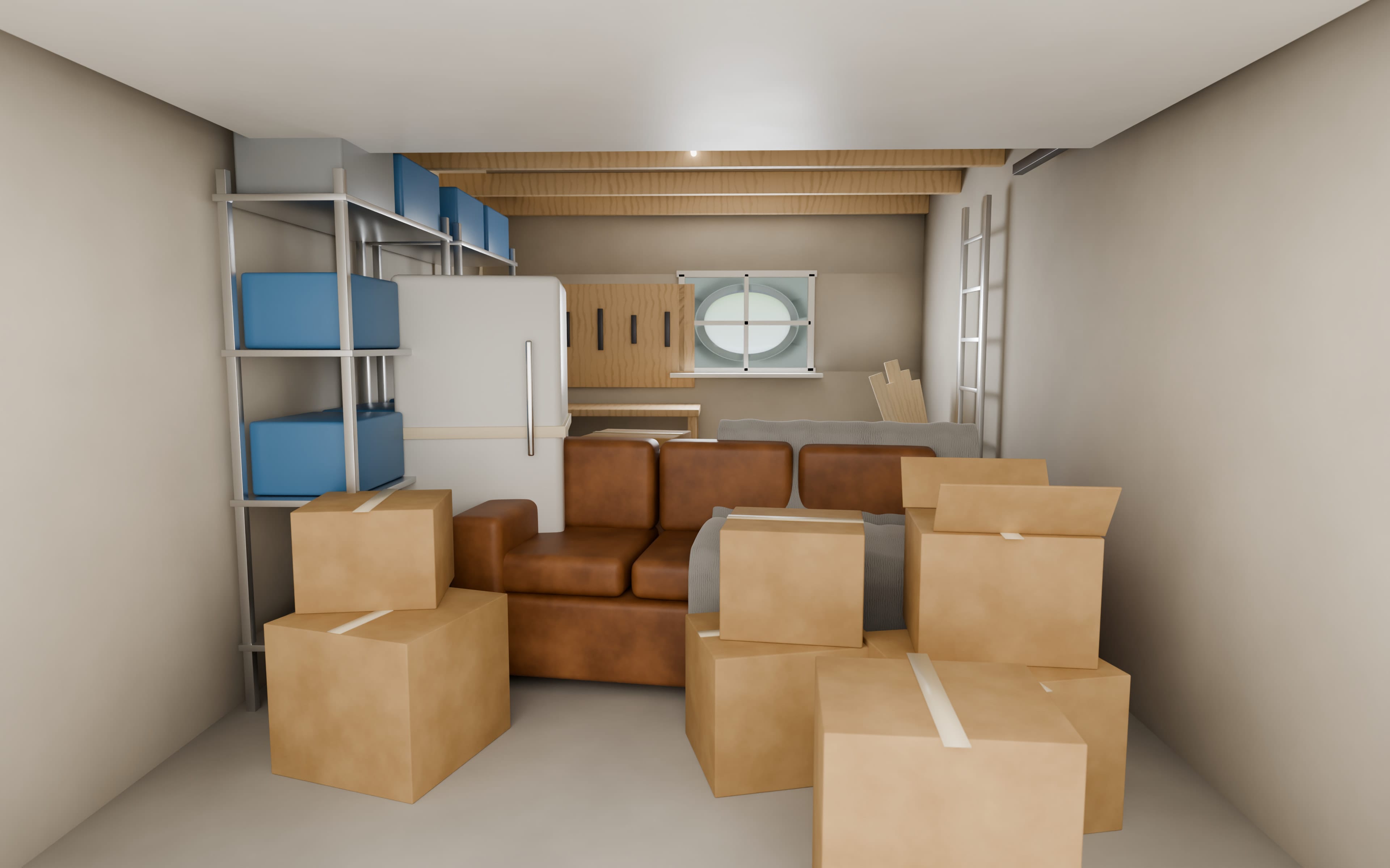 Concept illustration: garage filled with boxes and appliances.