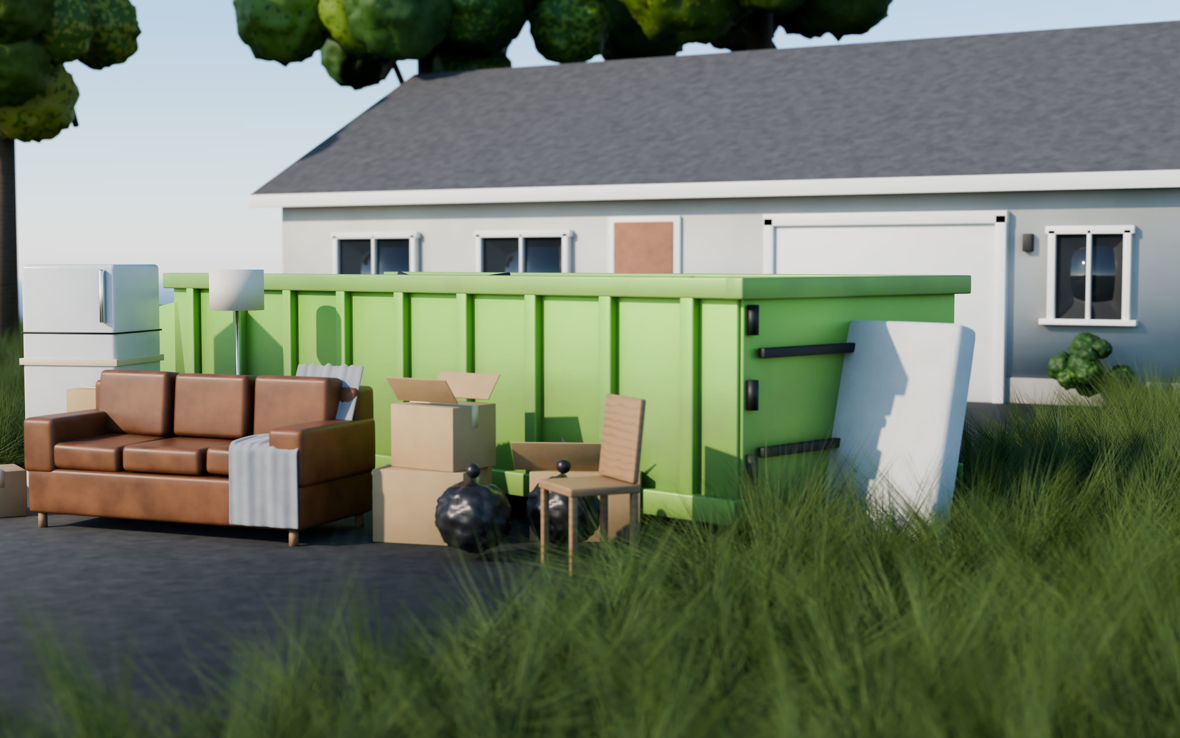 Illustration conceptuelle : conteneur vert dans une entrée résidentielle.