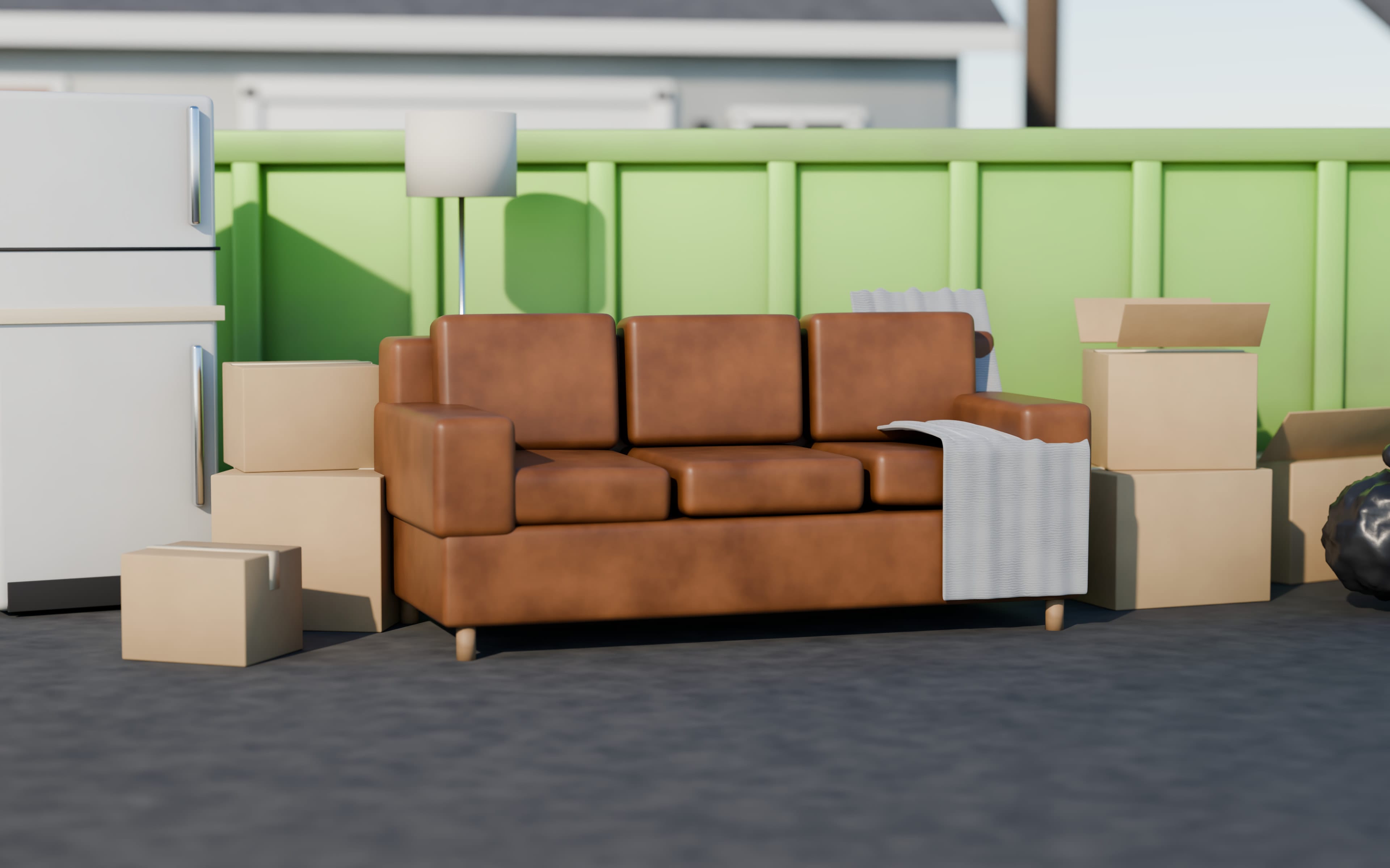 Concept illustration: couch and items to remove in front of a house.